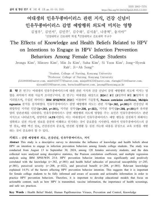 건양대 간호학과, 여대생 HPV 예방 행위 연구로 여성 건강 증진 기여